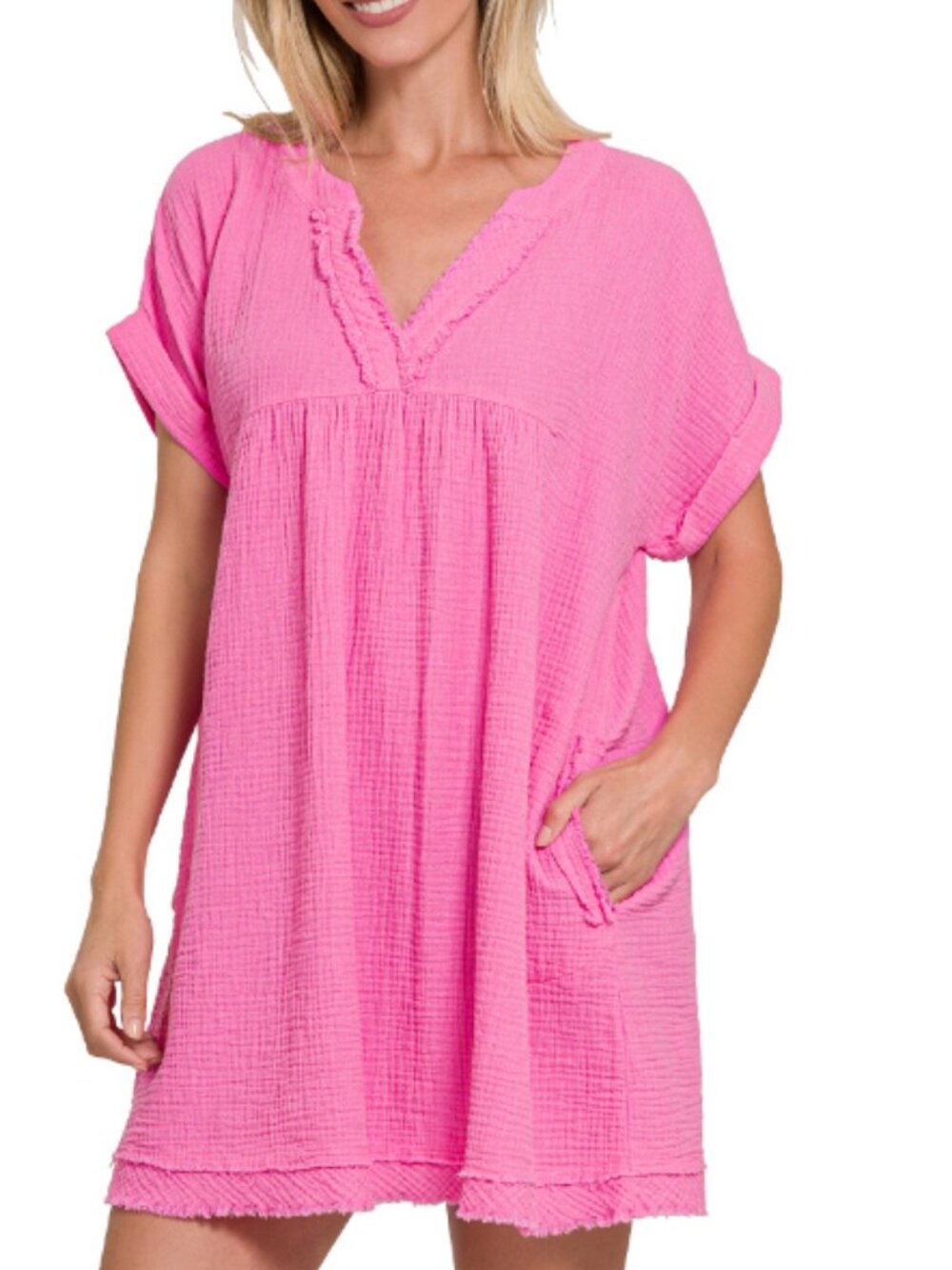 147. NWT - Zenana Double gauze raw edge V-neck dress, Pink